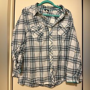 Torrid Shirt Womens 1X Teal and Gray Button Down Challis Boyfriend Camp